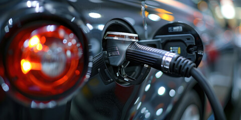 Close-up of an electric car being charged at a public charging station, highlighting the plug and tail light.