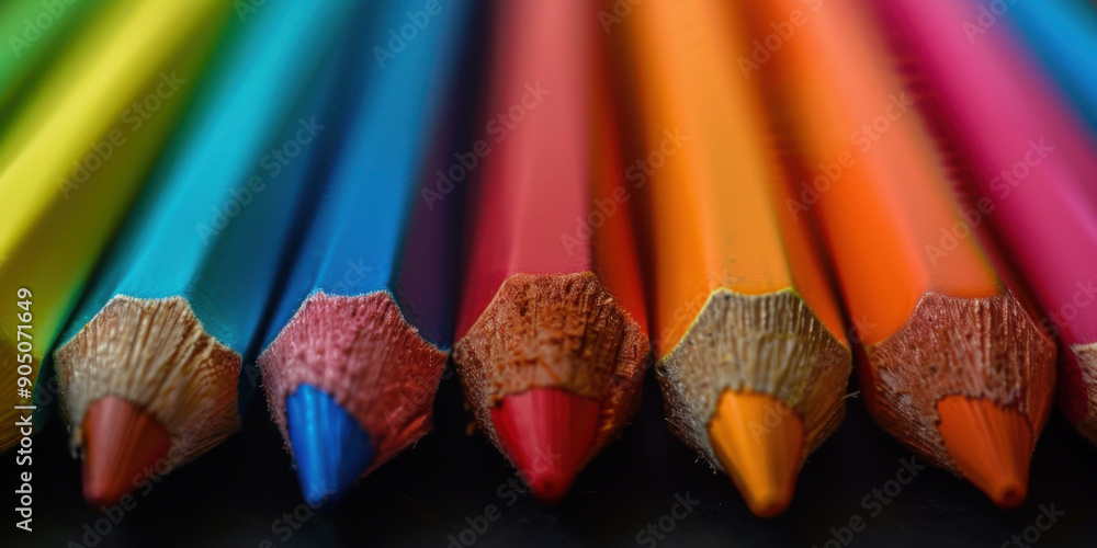 Poster a macro shot of the sharpened tips of colorful pencils lined up in a row.