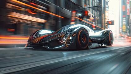 Obraz premium Futuristic Black Sports Car Speeding Through City