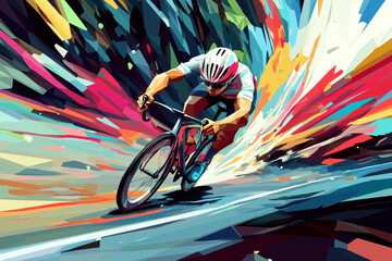 Professional bicyclist riding a bike cycling on abstract low poly color graphic background. Cycle sport low poly style cyclist poster, vector illustration