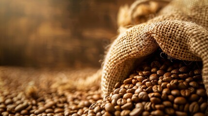 Sack of coffee beans spilling out onto rustic background