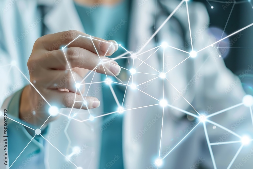 Aufkleber a doctor in a white coat is touching a network of dots for examination and analysis, highlight the i