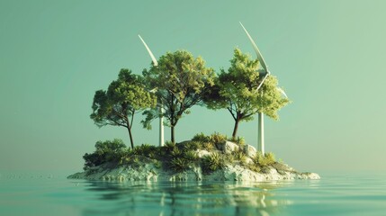 Obraz premium Three wind turbines stand tall on a small, green island in a calm blue sea, symbolizing sustainable energy and harmony with nature.