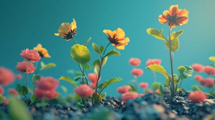 Obraz premium Vibrant yellow and pink flowers bloom in a field, bathed in warm sunlight against a bright blue sky.