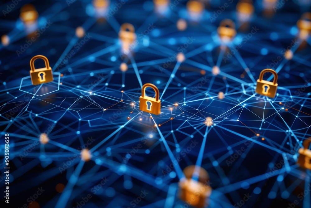 Poster data streams visualized with glowing digital padlocks, highlighting continuous cybersecurity efforts