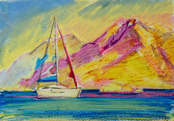 Seascape with yacht and mountain, sea, illustration, painting, art, sketch, hand drawing, sailboat, colorfull, South Europe Landscape in colorful painterly style with colors structure on the paper.