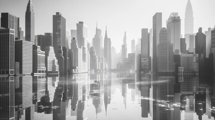 A black and white photo of a city skyline with reflections in the water. The city is shrouded in mist, giving a sense of mystery and intrigue.