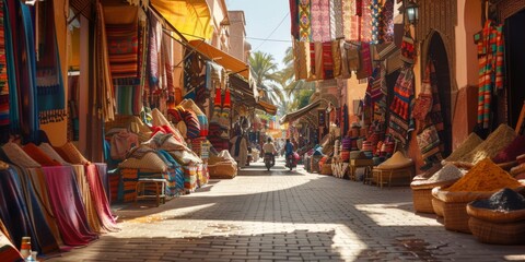 Obraz premium Bustling Marrakech Market Street Alive with Vibrant Spices and Textiles, a Sensual Journey Through Color and Culture