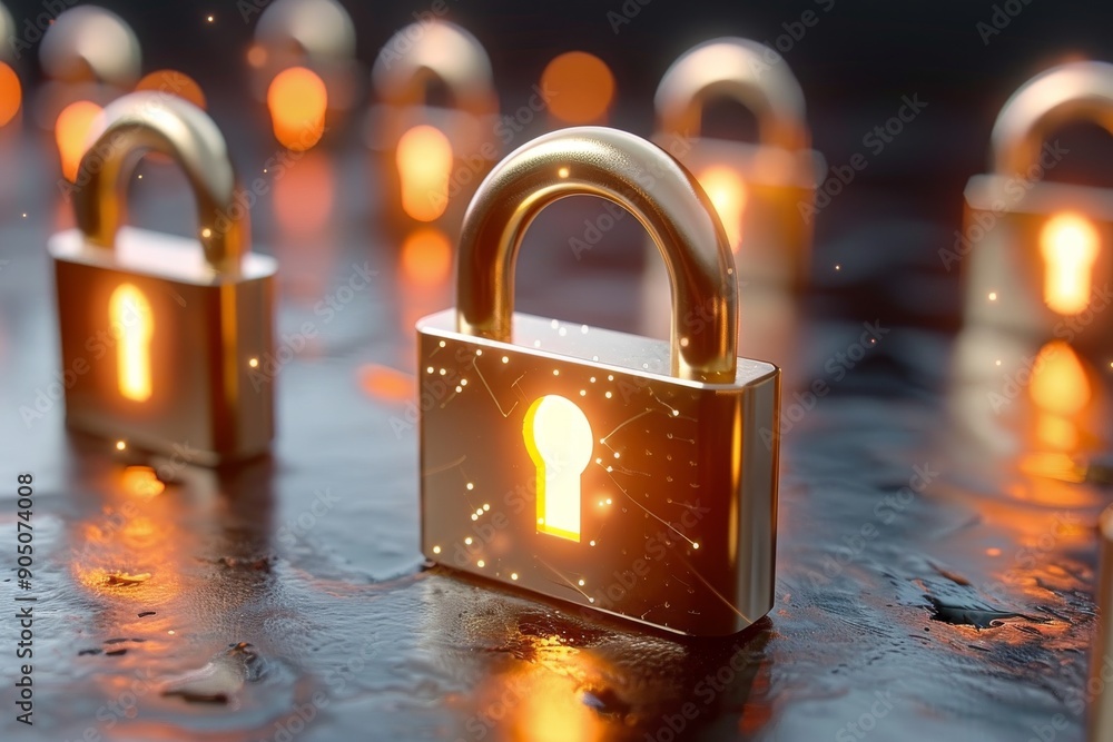 Poster golden padlock with shimmering reflections illuminated in dimly lit ambiance portrays security and e