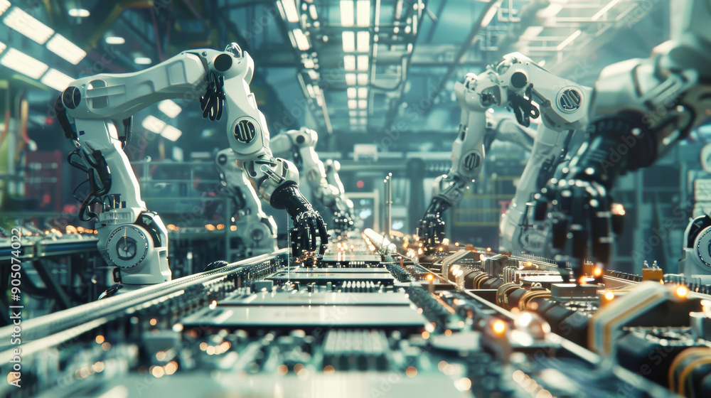 Poster a high-tech factory with robotic arms working on circuit boards