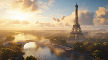 Obraz premium Sunrise Over Paris With the Eiffel Tower Illuminated by Morning Light