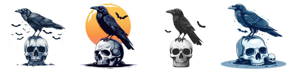 Fototapeta premium Four different images of a crow sitting on a skull