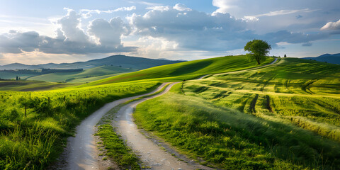 Fototapeta premium A country road with a green field and a blue sky with clouds