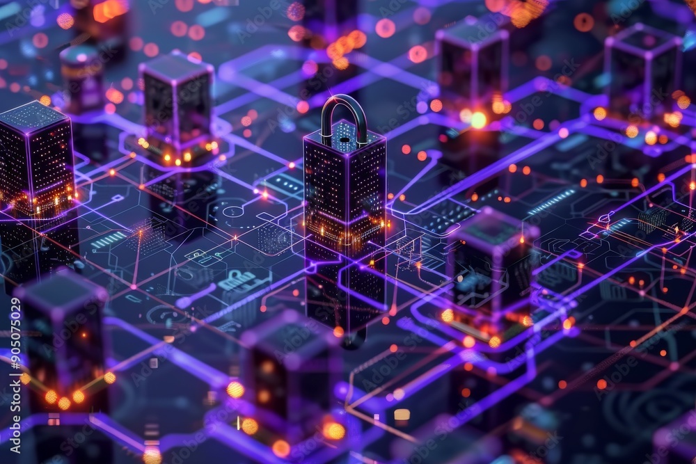 Poster neon grid padlocks illuminating a cyber network, depicting advanced digital encryption and security.