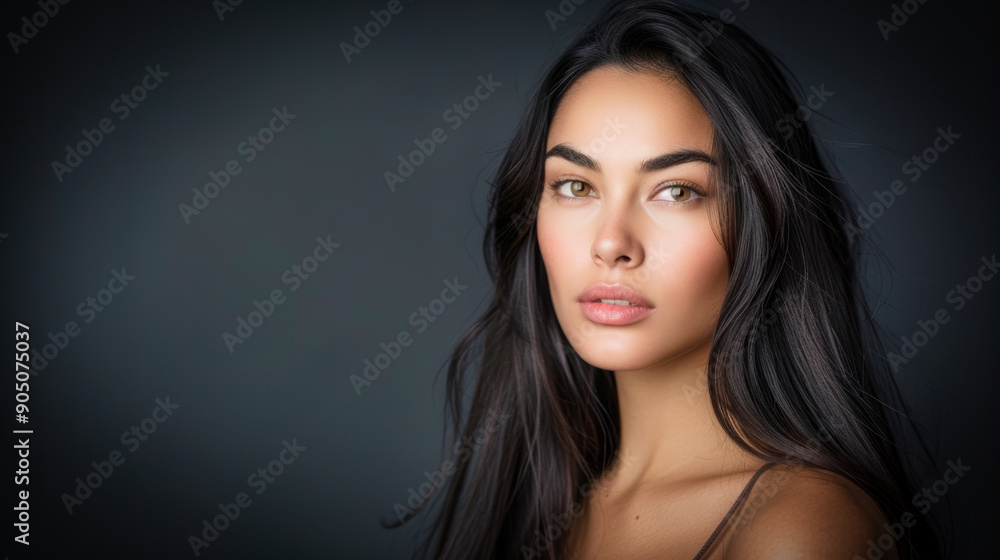 Wall mural A beautiful young woman model against a dark background, with space for text