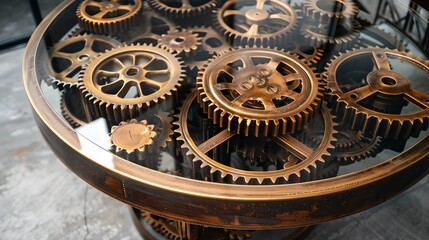 Obraz premium Antique Gears Glass Table, Steampunk Decor, Industrial Vintage Furniture