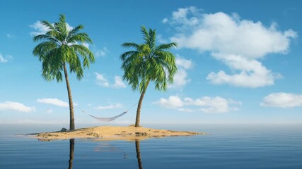 Lonely island on in the middle of the ocean with two palms and hammock between. Desert island on the see idea for relax, holiday trip, sunbathing and last minute tourism offer. 