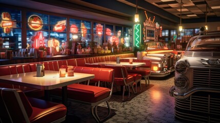 Classic Diner Interior with Vintage Cars