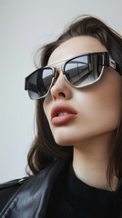Naklejka premium Woman wearing stylish aviator sunglasses with a black frame and silver accents.