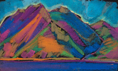 Mountains, sunny landscape, sea, lake, illustration, painting, art, sketch, hand drawing, Natural Beauty in colorful painterly style with colors structure on the paper.