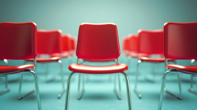 A single red chair stands out amongst a group of red chairs, creating a sense of individuality and leadership.
