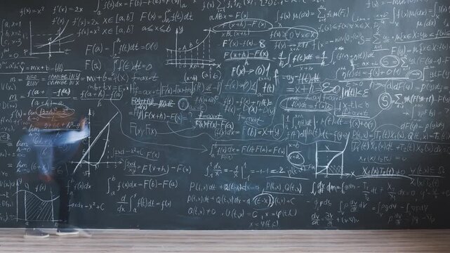 Time lapse of genius child writing formula on chalkboard wall involved in science development in classroom. Prodigy kid and education concept.