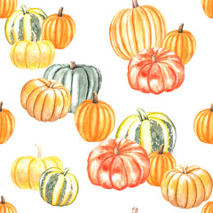 Watercolor seamless pumpkin pattern of different colors, isolated on white background, for card invitation design backgrounds wallpaper scrapbooking 