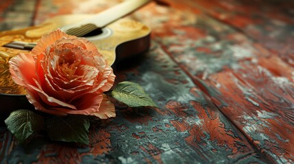 A vintage guitar rests on a wooden surface with a single rose, symbolizing the beauty and artistry of music.