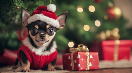 Fototapeta premium Chihuahua puppy underneath the Christmas tree