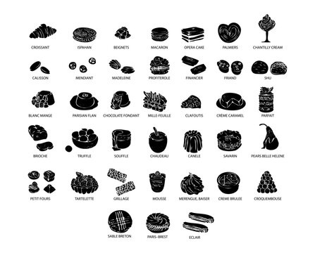 Big set of french sweets. Hand drawn colorful illustration of popular traditional desserts for cafe, bakery and restaurant menu.