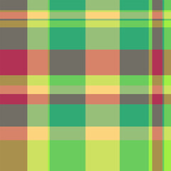 Performance plaid background fabric, summer tartan check texture. Pyjamas pattern seamless vector textile in green and amber colors.