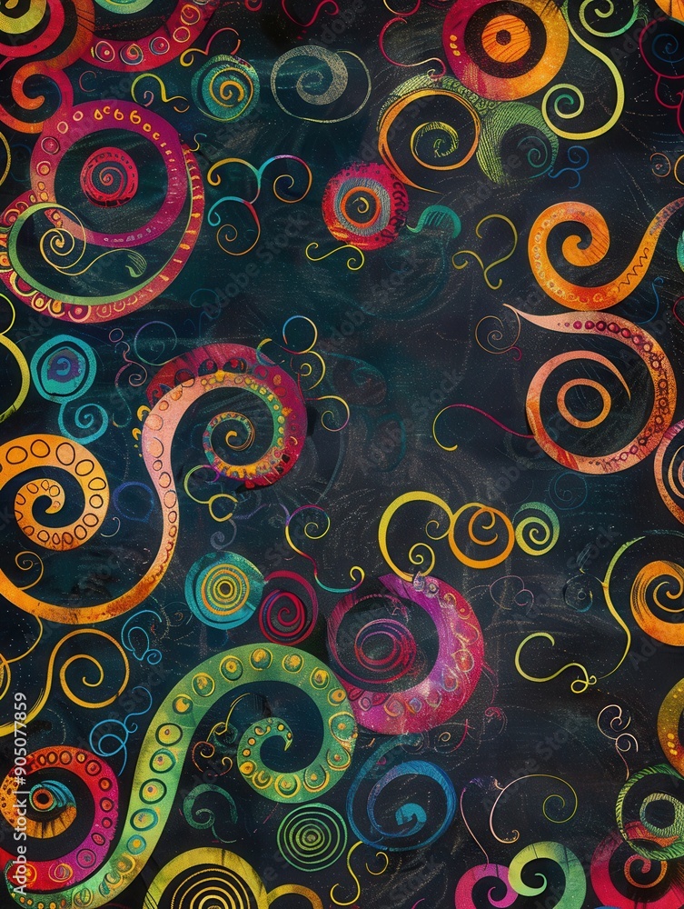 Poster the chalkboard showcases a lively array of colorful spirals and abstract shapes created during a cre