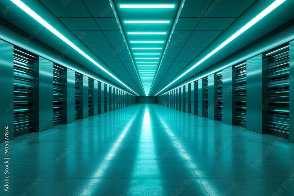 Poster futuristic blue-lit server room with symmetrical perspective, representing high-tech data management