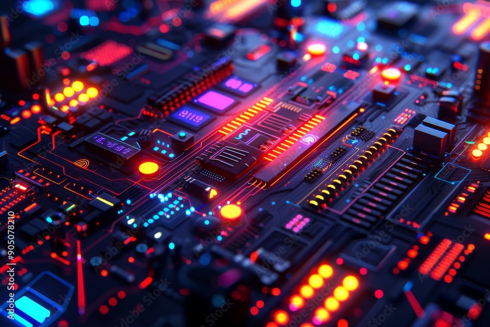 Poster high-speed electronic circuit board featuring glowing padlocks, symbolizing secure data transfer and
