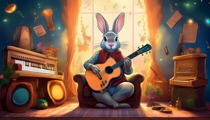 "Melodic Haven: A Rabbit's Guitar Serenade in a Cozy Room"