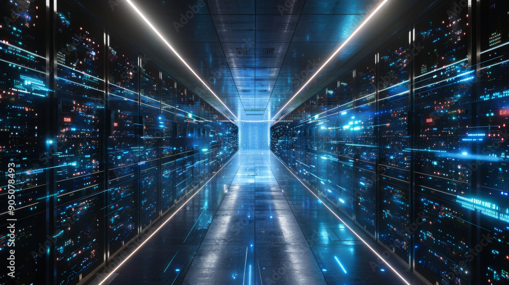 Aufkleber brightly lit corridor of a futuristic data center with glowing blue lights and rows of servers on bo