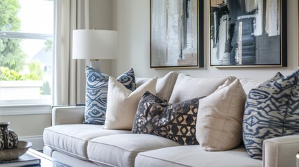 Modern Cozy Living Room with Patterned Throw Pillows, Large Abstract Art, and Elegant Decor