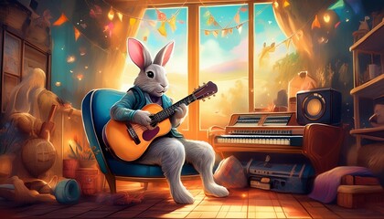 "Melodic Haven: A Rabbit's Guitar Serenade in a Cozy Room"