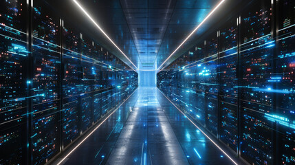 Fototapeta premium Brightly lit corridor of a futuristic data center with glowing blue lights and rows of servers on both sides.