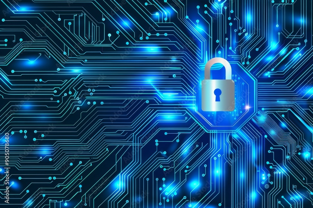 Poster blue neon padlock circuits in a complex network design, illustrating robust digital encryption in te