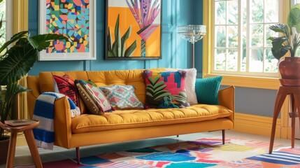Colorful Modern Living Room with Bright Decor and Stylish Furniture