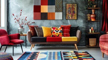 Modern Vibrant Living Room with Colorful Sofa, Geometric Wall Art, and Cozy Decor
