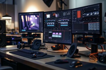 A desk with multiple monitors and audio equipment for video editing and production, High-tech cameras and editing software for precision perfection