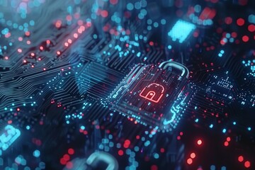 Obraz premium Red neon lights illuminating a cyber cityscape with digital padlocks, depicting urban digital security.