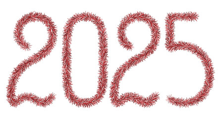 Tinsel. 2025. Lettering from festive Christmas decoration. Fluffy numbers. Red color. Vector illustration. Isolated white background. Cute plush message. Coming year. Rustling lettering.