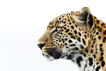  Majestic leopard profile against a stark white background, showcasing the detailed texture of its fur and the intense gaze of its piercing eyes.