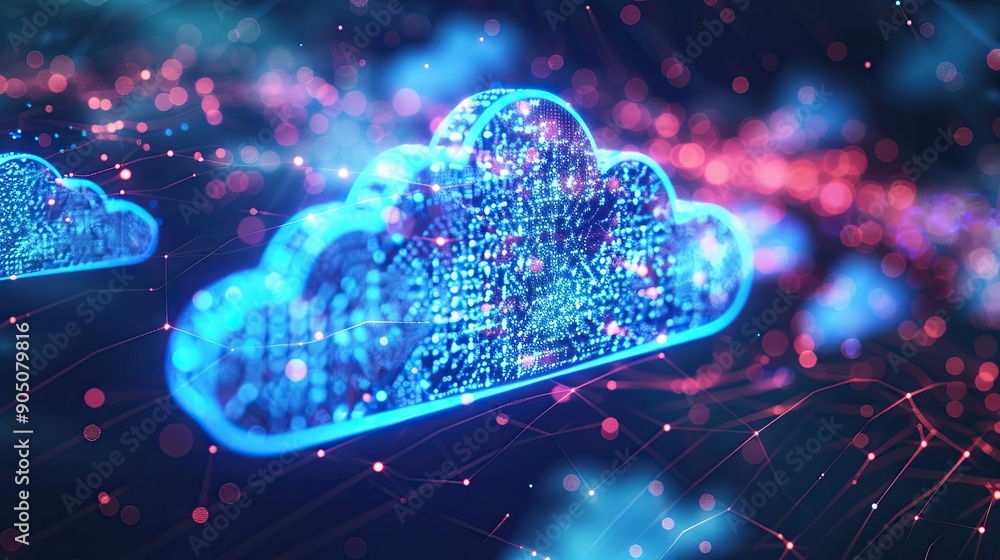 Poster a glowing cloud shape representing digital data network