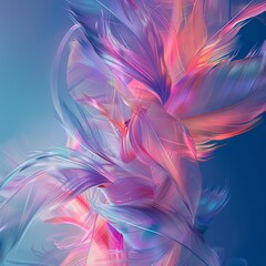 Delicate 3D plumes of neon light, resembling feathers, flowing and intertwining in an abstract and elegant composition, with soft light reflections and shadows