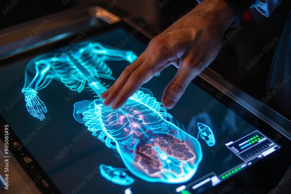 Poster a man is pointing at a skeleton displayed on a computer screen using holographic imaging technology,