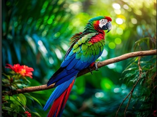 Fototapeta premium Colorful macaw parrot in the jungle. macaw parrot with colorful plumage and a long tail sitting on the tree branch. colorful parrot in the rain forest, wildlife and nature concept